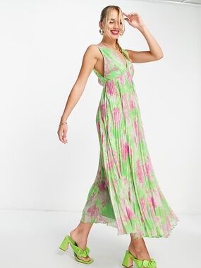 ASOS design sleeveless v neck pleated trapeze maxi dress in green floral print